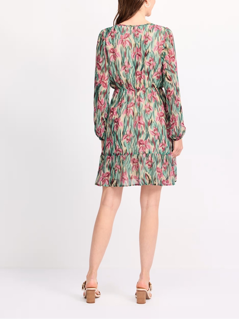 Gilli Floral Blouson Sleeve Tiered Mini Dress Green Pink Size L - Picture 4 of 5